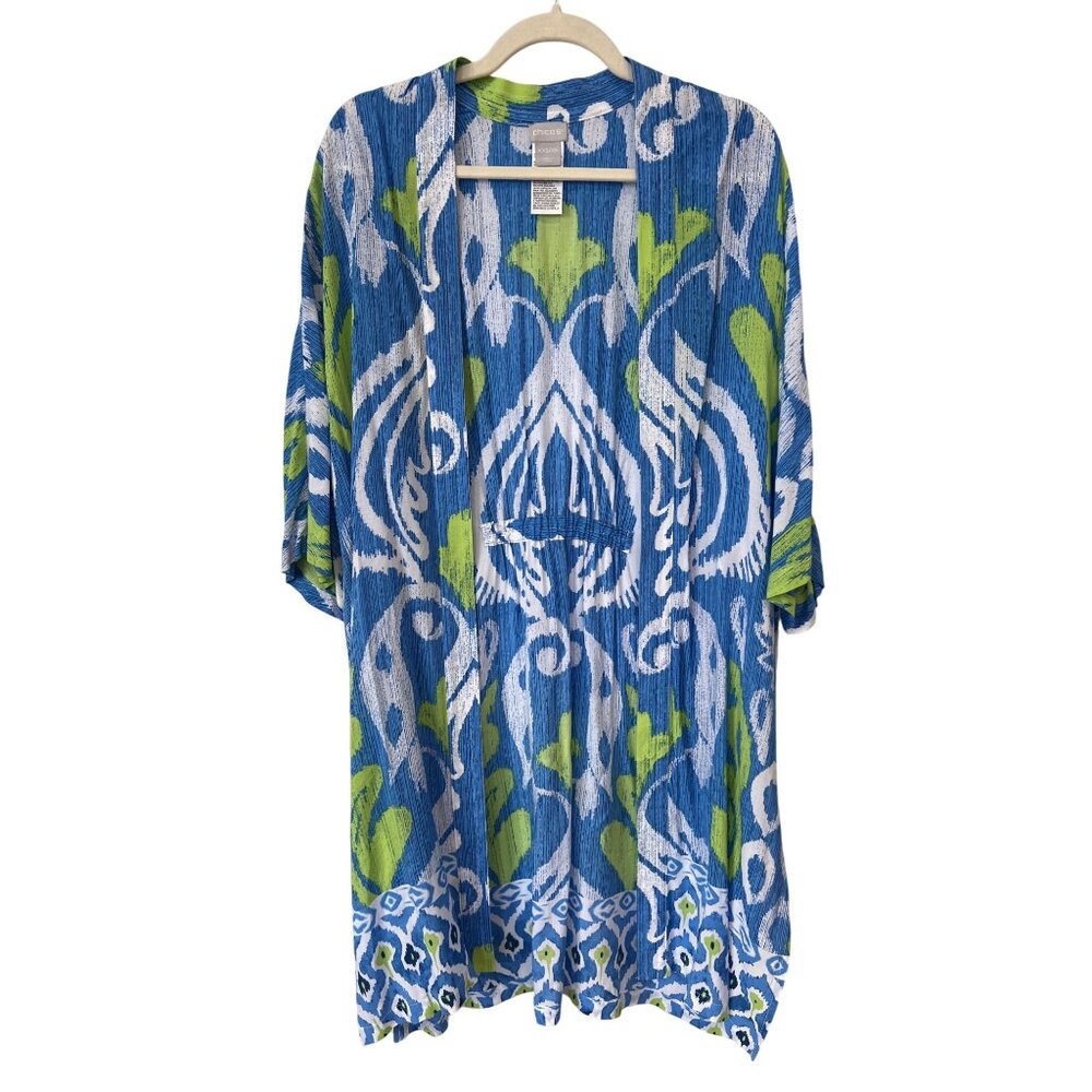 Chicos Kimono Cardigan Size XXS/XS Blue Green Bold Print Quarter Sleeve Beach